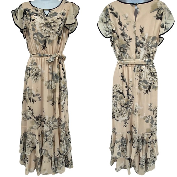 Calvin Klein | Blush Pink and Black Floral Maxi Dress with Waist Tie | Small